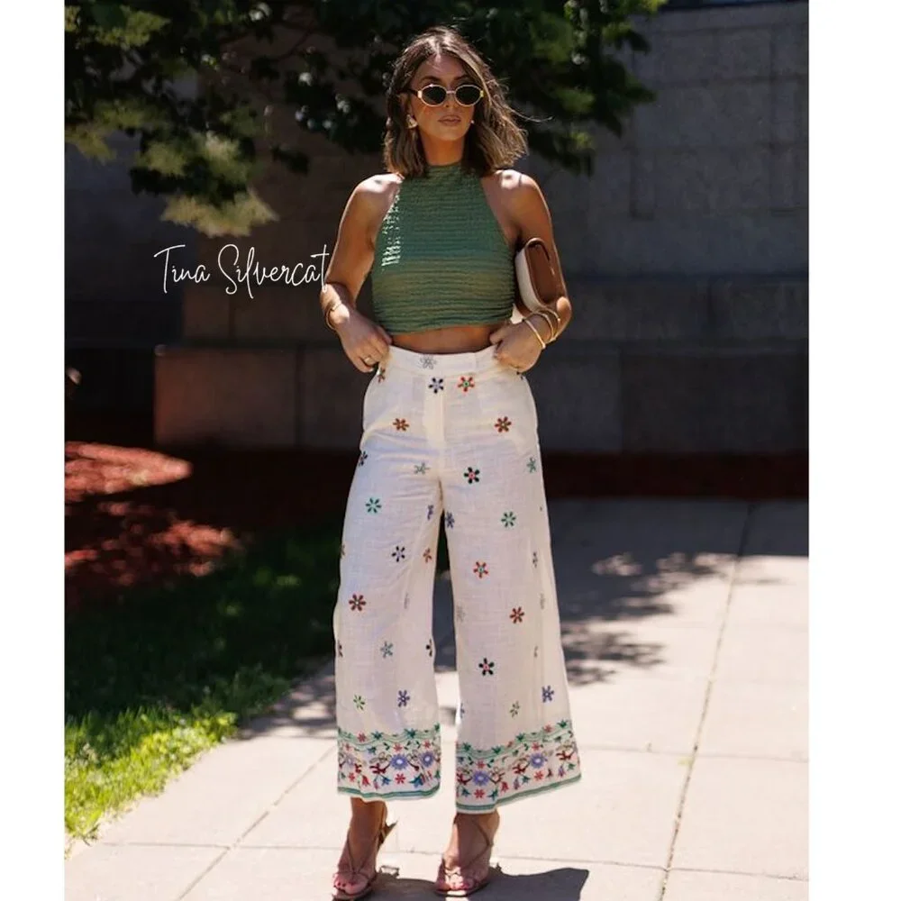 Zara White Floral Cropped Wide Legs Pants NWT